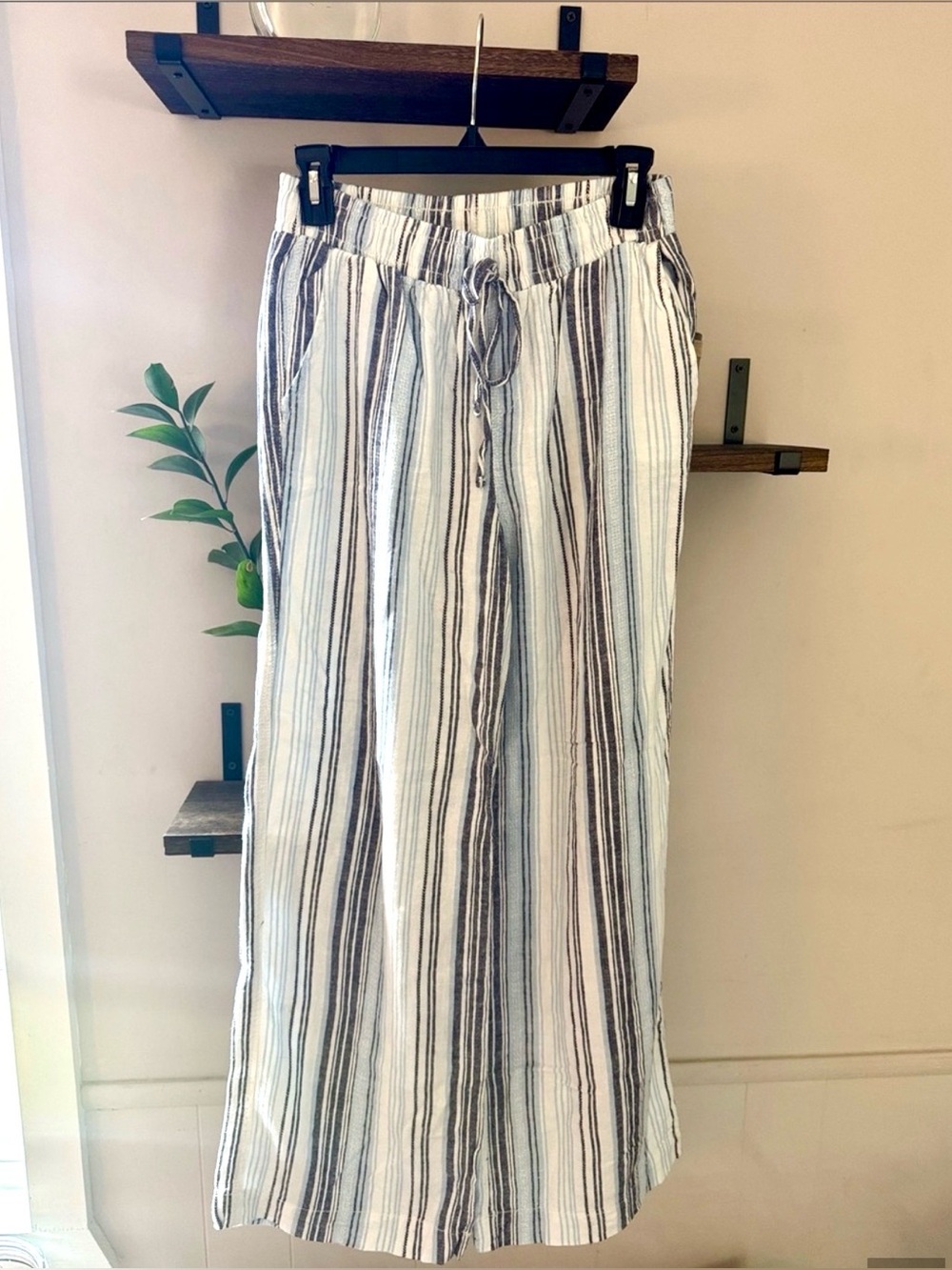 Striped Wide-Leg Drawstring Pants White & Blue Size Small